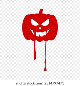 Vector illustration of Halloween red pumpkin with dripping blood drops on transparent background