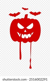 Vektorgrafik von Halloween roter Kürbis mit tropfenden Bluttropfen und Fledermäusen auf transparentem Hintergrund