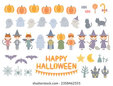 Vector illustration of Halloween related icons. Children dressed up and pumpkins, ghosts, bats, etc. Cute design.