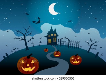 Vector illustration. Halloween. The road to the house on the hill, among the pumpkins and cemetery.