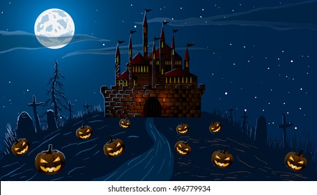 Vector illustration. Halloween. The road to the old castle on the hill, among the pumpkins and cemetery at night.