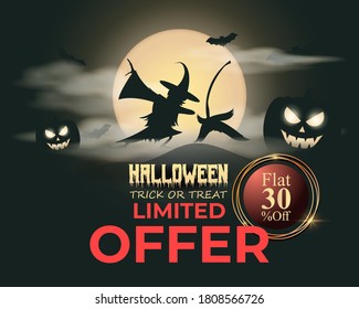 Vector illustration of halloween sale banner with scary pumpkins, flying bats, witch and her broom in front of full moon, flat 30% off, limited offer, spooky night background, template for offer, sale.