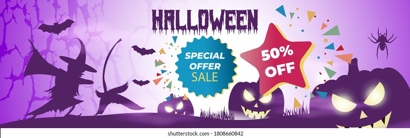 Vector illustration of halloween sale banner with scary pumpkins, flying bats, witch and her broom in front of full moon, flat 50% off, limited offer, spooky night background, template for offer, sale