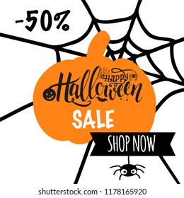 Vector illustration for Halloween Sale. Happy Halloween Text Banner. Poster for Halloween with web and spider. Autumn poster with calligraphy on  orange pumpkin.