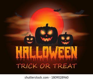 Vector illustration of halloween, scary pumpkin in front of fullmoon and clouds with bats, spooky halloween poster.