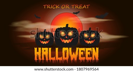 Vector illustration of halloween, scary pumpkin in front of fullmoon and clouds with bats, spooky halloween poster.