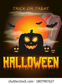 Vector illustration of halloween, scary pumpkins in front of fullmoon and clouds, bats, coffin, spooky halloween poster.
