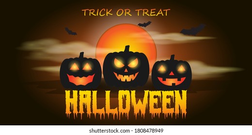 Vector illustration of halloween, scary pumpkins in front of full moon and clouds with bats, spooky halloween poster.