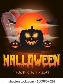 Vector illustration of halloween, scary pumpkins in front of fullmoon and clouds, bats, coffin, spooky halloween poster.