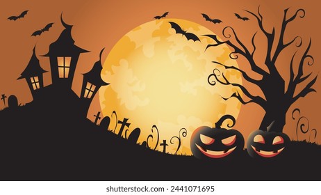 Vector illustration of a halloween scene with a haunted castle, full moon, bats and Jack o lanterns in silhouettes. Halloween celebration, Greeting card, party poster.