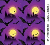 Vector illustration for Halloween, seamless pattern, print, background. Night landscape with dark purple starry sky, abandoned black castle, full bright yellow moon and bats