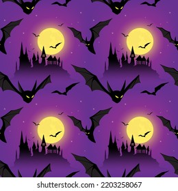 Vector illustration for Halloween, seamless pattern, print, background. Night landscape with dark purple starry sky, abandoned black castle, full bright yellow moon and bats