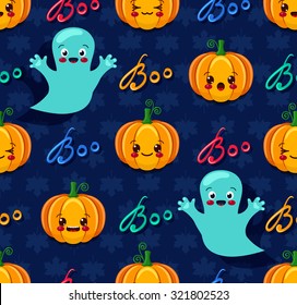 Vector illustration of Halloween seamless pattern with cute pumpkins and spooks