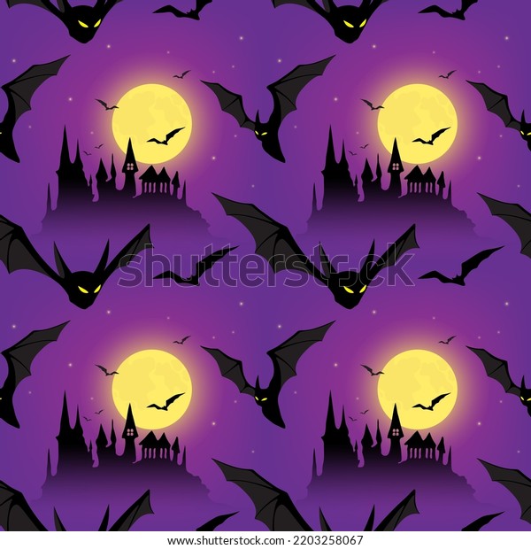 Vector\
illustration for Halloween, seamless pattern, print, background.\
Night landscape with dark purple starry sky, abandoned black\
castle, full bright yellow moon and\
bats