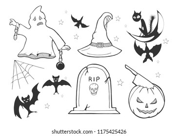 Vector illustration of a Halloween set. Ghost in chains, witch hat, bat collection, black cat, RIP tombstone on the grave, spider web, evil pumpkin with ax in head. 