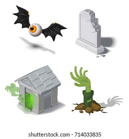 Vector illustration of a halloween set, icons for a web site, scary illustrations, a zombie from a grave, a crypt with a ghost, a flying eye with wings, a tombstone. Autumn holiday. Isometric.