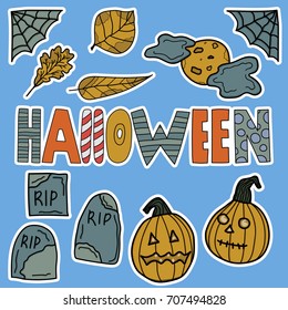 vector illustration Halloween set stickers with magic traditional elements isolated on blue background-colorful lettering,yellow pumpkin, grave, web, moon, leaves.Smiling and funny cartoon characters.