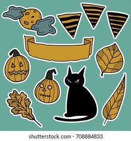 vector illustration Halloween set 
stickers with magic traditional elements isolated on green background - colorful lettering,yellow pumpkins,banner,moon,leaves.Smiling and funny cartoon characters.