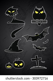 vector illustration of Halloween set,  symbols pumpkin bat, black cat  ,owl, witch hat ,silhouette,black glossy element 