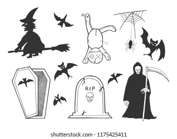 Vector illustration of the Halloween set. Witch on a broomstick, voodoo doll with pins, spider, spiderweb, bat silhouettes collection, RIP tombstone, grave, open coffin, death ghost, grim reaper. 