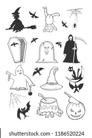 Vector illustration of the Halloween set. Witch on a broomstick, voodoo doll, spider, spiderweb, bat silhouettes collection, RIP tombstone, grave, open coffin, death ghost, grim reaper, black cat