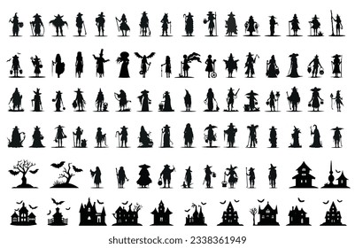 Vector Illustration of Halloween Silhouette Characters on White Background