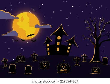 vector illustration Halloween silhouette with elements Trees, full moons, castles, pumpkins, funerals, bats.