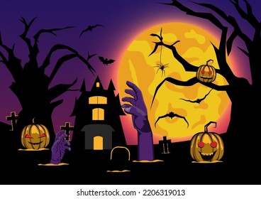 vector illustration Halloween silhouette with elements Trees, full moons, castles, pumpkins, funerals, bats.