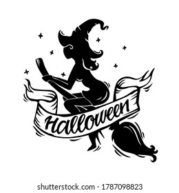 Vector illustration of a Halloween silhouette of an evil witch with a hat on a broom. Feed with text. Objects are isolated. For your design.