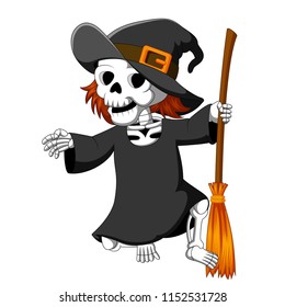 vector illustration of Halloween skeleton wearing a witch hat