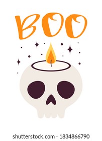 vector illustration for halloween with skull candle and lettering, greeting card, banner, poster for happy halloween day
