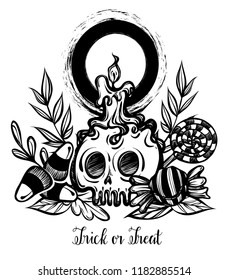 Vector illustration, Halloween, skull with candles, candy corn, lollipop, mysticism. Handmade, prints, background white