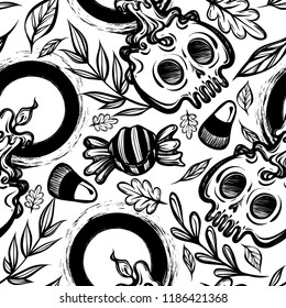 Vector illustration, Halloween, skull with candles, candy corn, leaves, mysticism. Handmade, prints, background light,seamless pattern