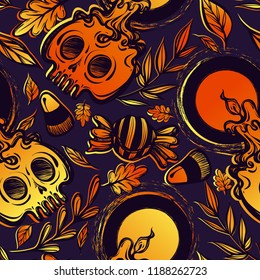 Vector illustration, Halloween, skull with candles, candy corn, leaves, mysticism. Handmade, prints, background dark,seamless pattern