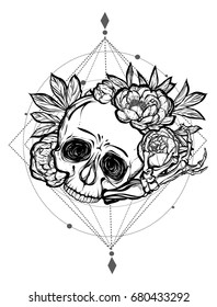 Vector illustration. Halloween. Skull with peonies. Handmade, prints on T-shirts, background white, tattoos. sacred geometry