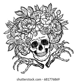 Vector illustration. Halloween. Skull with peonies. Handmade, prints on T-shirts, background white, tattoos