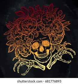 Vector illustration. Halloween. Skull with peonies. Handmade, prints on T-shirts, background chalkboard, tattoos,Red yellow color