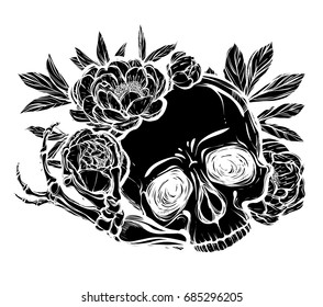 Vector illustration. Halloween. Skull with peonies. Handmade, prints on T-shirts, background chalkboard, tattoos, black  color