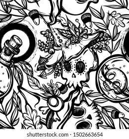 Vector illustration, Halloween, skulls, witch hat, potion bottle, mystic, witchcraft. handmade, prints, background light, seamless pattern