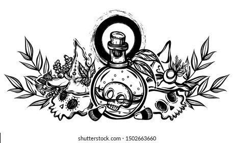 Vector Illustration, Halloween, Skulls, Witch Hat, Potion Bottle, Mystic, Witchcraft. Handmade, Prints