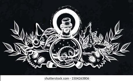 Vector illustration, Halloween, skulls, witch hat, potion bottle, mystic, witchcraft. handmade, prints, background  chalkboard
