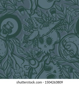 Vector illustration, Halloween, skulls, witch hat, potion bottle, mystic, witchcraft. handmade, prints, background grey blue, seamless pattern