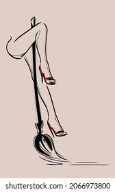 Vector illustration of Halloween slender witch legs with broom. Woman fashion model logo design template.