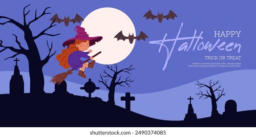 Vector illustration for Halloween: a smiling girl in a witch costume joyfully flying on a broomstick over a cemetery with tombstones, bats and a full moon