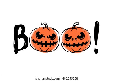 Ilustração vetorial de halloween som boo. Rótulo de Halloween com elemento tipografia sinal de texto, efeito grunge, abóbora assustadora. Retro halloween saudação modelo de citação motivacional para cartazes do partido