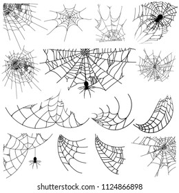 Vector illustration Halloween spider web isolated on white background. Hector venom cobweb set. Halloween monochrome spider web