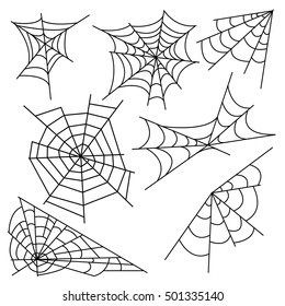  Vector illustration Halloween spider web isolated on white background. Hector venom cobweb set.