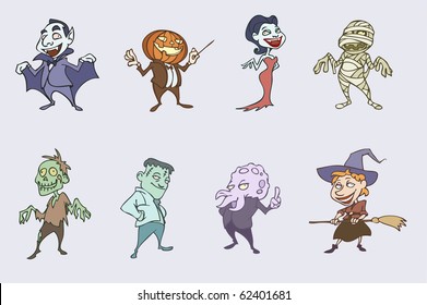 vector illustration of halloween spooky characters - vampire, Dracula, monster, mummy, witch, sea monster, zombie, pumpkinhead