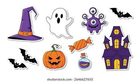Vector Illustration of Halloween Spooky Elements Ghost Pumpkin Candy Bat Monster House Hat