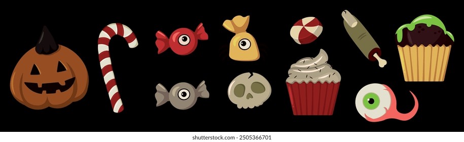 Vector illustration. Halloween sticker set. Sweets.